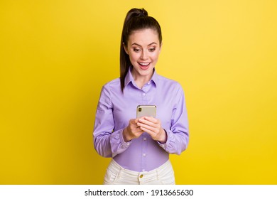 Photo Portrait Impressed Girl Holding Phone Stock Photo 1913665630 ...