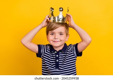 Photo portrait little prince wearing golden crown smiling overjoyed isolated vibrant yellow color background