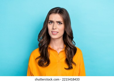 Photo Portrait Of Lovely Young Girl Disgusted Discontent Face Dressed Stylish Yellow Smart Casual Look Isolated On Blue Color Background