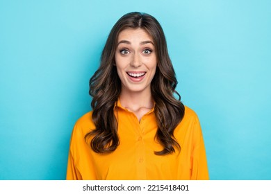 Photo Portrait Of Lovely Young Lady React Good News Win Lottery Dressed Stylish Yellow Smart Casual Look Isolated On Blue Color Background