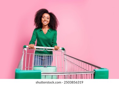 Photo portrait of lovely young lady push supermarket trolley dressed stylish green garment isolated on pink color background - Powered by Shutterstock