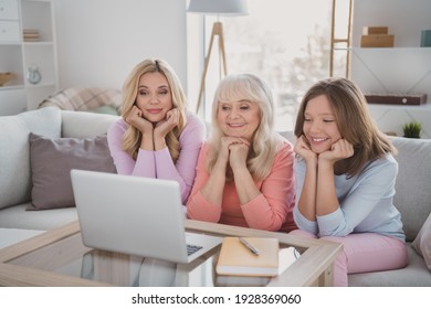 Photo Portrait Of Mother Daughter Granny Watching Movie On Laptop Smiling Interested Sitting At Home