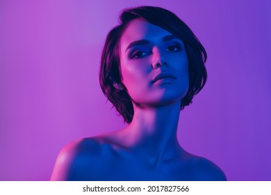 Photo Portrait Pretty Girl Calm Confident Wearing Bob Hairstyle Isolated Neon Violet Color Background