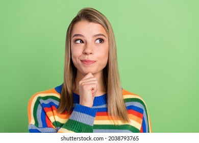 Photo portrait pretty girl got doubt looking blank space thoughtful isolated pastel green color background - Shutterstock ID 2038793765