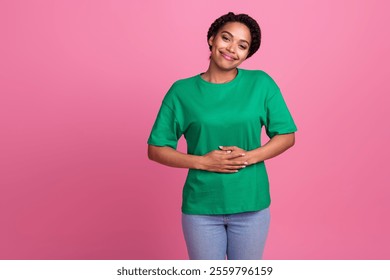 Photo portrait of pretty young girl touch stomach healthy digestion wear trendy green outfit isolated on pink color background - Powered by Shutterstock