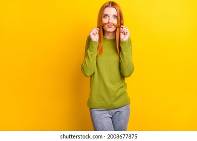 Photo Portrait Red Haired Woman Playful Showing Fake Mustache Isolated Vivid Yellow Color Background