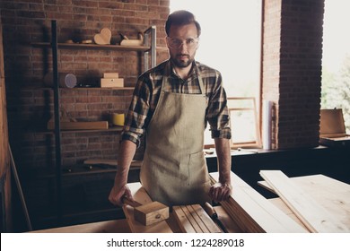 Photo portrait of serious handsome bearded professional brutal master handyman standing near tabletop building using wooden tool - Shutterstock ID 1224289018