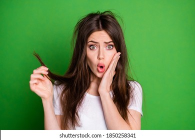 Photo Portrait Of Shocked Girl Touching Face With One Hand Holding Locks Of Split Hair In Fingers Isolated On Vivid Green Colored Background