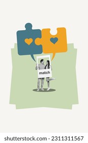 Photo portrait shooting two people girlfriend boyfriend together matches first date puzzles connection isolated on green color background - Shutterstock ID 2311311567