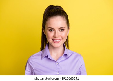 Photo Portrait Of Smiling Confident Girl Isolated On Bright Yellow Colored Background