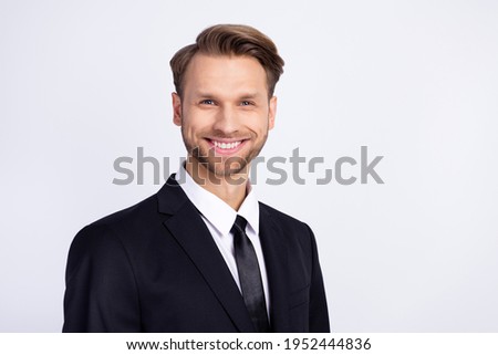 Photo portrait of smiling happy businessman in blazer shirt successful manager isolated on white color background