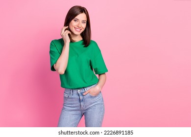 Photo portrait of stunning young woman hand touch hair posing clothes promo dressed trendy green look isolated on pink color background - Shutterstock ID 2226891185