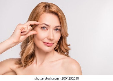Photo portrait woman after shower naked shoulders got wrinkles need anti age cream isolated white color background copyspace