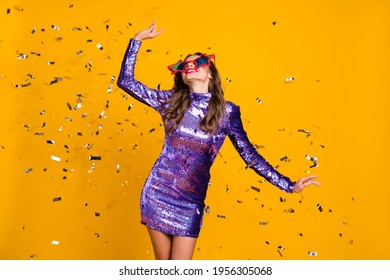 Photo Portrait Of Woman In Stars Glasses Violet Dress Dancing At Party With Glitter Isolated Bright Yellow Color Background