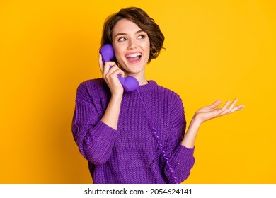 Photo Portrait Of Woman Talking On Landline Phone Isolated On Vivid Yellow Colored Background