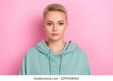 Photo portrait of young face woman short blonde hair wear stylish khaki hoodie look you after cosmetology salon isolated on pink color background - Shutterstock ID 2295438565