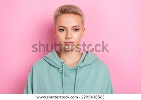 Photo portrait of young face woman short blonde hair wear stylish khaki hoodie look you after cosmetology salon isolated on pink color background