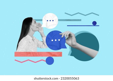 Photo portrait of young girl collage illustration screaming announce message bubble cloud promo discussion isolated on blue background