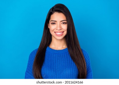 Photo Portrait Young Girl Smiling Cheerful Wearing Blue Casual Sweater Isolated On Bright Blue Color Background