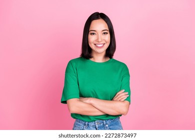 Photo portrait of young smiling optimistic charming korean business lady folded arms enjoy her stylish outfit isolated on pink color background - Powered by Shutterstock