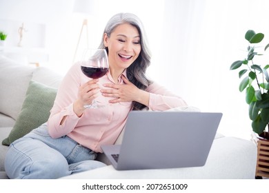 Photo Of Positive Attractive Nice Old Lady Sit Sofa Drink Wine Talk Computer Online Indoor Inside House Home