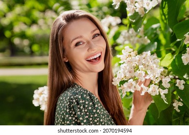 Photo Of Positive Brunette Happy Cheerful Woman Smile Spring Flowers Trees Enjoy Outdoors Outside Park Street