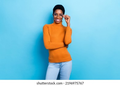 Photo Of Positive Businessman In Spectacles Own Small Modern Company Isolated On Blue Color Background