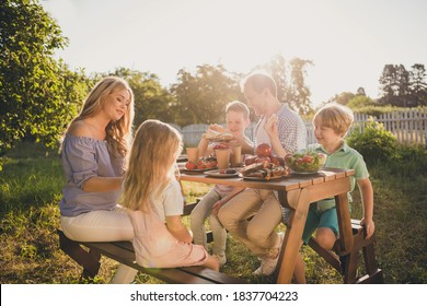 Photo Of Positive Family Mommy Mom Daddy Dad Sit Table Enjoy Summer Picnic Outside Lunch Share Sandwich In Park Garden