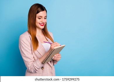 Photo of positive focused girl secretary write start-up college presentation copybook enjoy remote quarantine work wear good look classy clothes isolated over blue color background