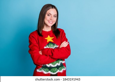 Photo Of Positive Girl In Christmas Tree Decor Jumper Pullover X-ma Stheme Party Outfit Cross Hands Isolated Over Blue Pastel Color Background