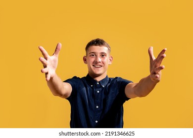 Photo Of Positive Guy Open Arms Hug You Isolated Teal Background.