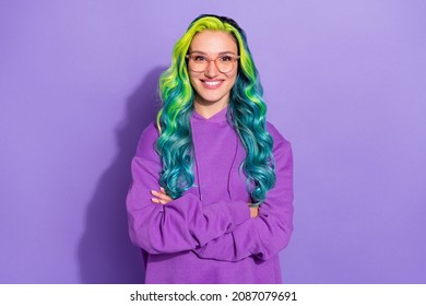 Photo of positive millennial lady with teal turquoise blue haircut cross hands isolated over violet color background - Shutterstock ID 2087079691