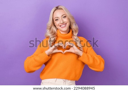 Photo of positive nice person hands fingers demonstrate heart symbol isolated on violet color background