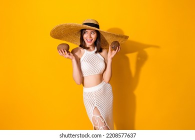 Photo of positive sweet lady wear white outfit hat holding two coconuts looking empty space isolated yellow color background - Powered by Shutterstock