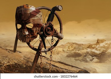 Photo of a post apocalyptic raider warrior metal armor mask hanging on cross sign on desert wasteland background.