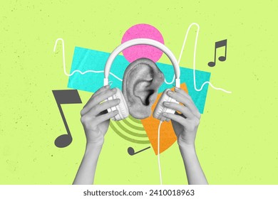 Photo poster collage illustration of human ear listen wired headset mp3 radio playlist entertainment chill isolated on green background