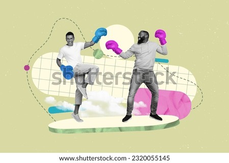Photo poster collage metaphor of young two competitors fighters boxing gloves fighting together sport isolated on green color background