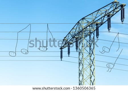 Photo of power supply line, comic use as musical stave - painted characters as music notes, some well-behaved, few break ranks, funny scene (copy space)