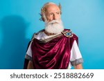 Photo of powerful mature man look confident empty space wear ancient roman emperor tunic isolated on blue color background