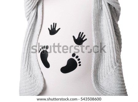 Photo of pregnant woman with symbol.  Detail