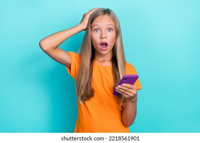 Photo Of Preteen Little Charming Girl Blogger Impressed Negative News Repost Share Post Social Media Isolated On Cyan Color Background