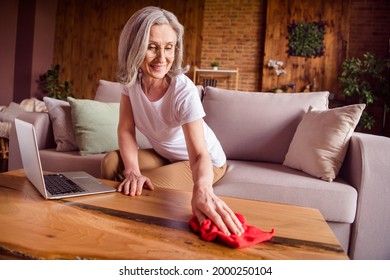 Photo of pretty adorable retired woman dressed white t-shirt sitting couch cleaning table smiling indoors flat home house - Powered by Shutterstock