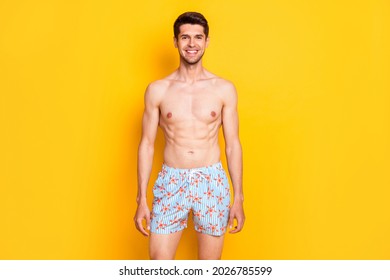 Photo Of Pretty Charming Young Man Naked Torso Standing Straight Smiling Isolated Yellow Color Background