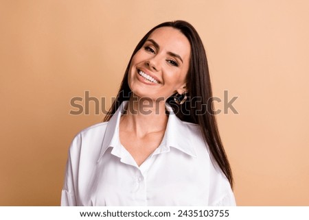 Photo of pretty cheerful corporate recruiter girl beaming smile elegant shirt isolated on beige color background