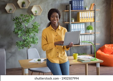 Photo of pretty cheerful dark skin woman hold computer write sit on table morning in office indoors workplace