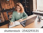 Photo of pretty cheerful lady wear green cardigan online studying modern device indoors room home house