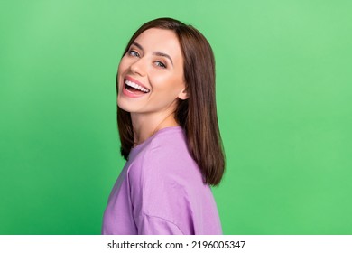 Photo of pretty cute lady beaming smiling enjoy bright shine veneers isolated on green color background