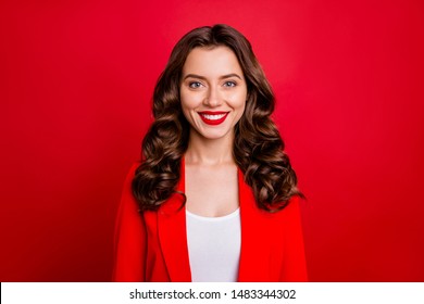 Photo Of Pretty Lady With Beaming Smile Wear Formal Wear Red Jacket Isolated Burgundy Background