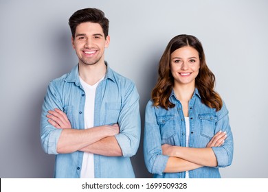 Photo Pretty Lady Handsome Guy Couple Arms Crossed Confident One Team Members Reliable Workers Wear Casual Denim Shirts Outfit Isolated Grey Color Background