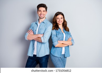 Photo Pretty Lady Handsome Guy Couple Arms Crossed Confident One Team Members Reliable Workers Representative Wear Casual Denim Shirts Outfit Isolated Grey Color Background